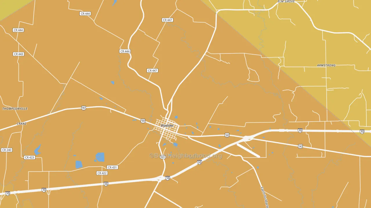 Map of the best neighborhoods in the Waelder area, with better matches in green and worse matches in red