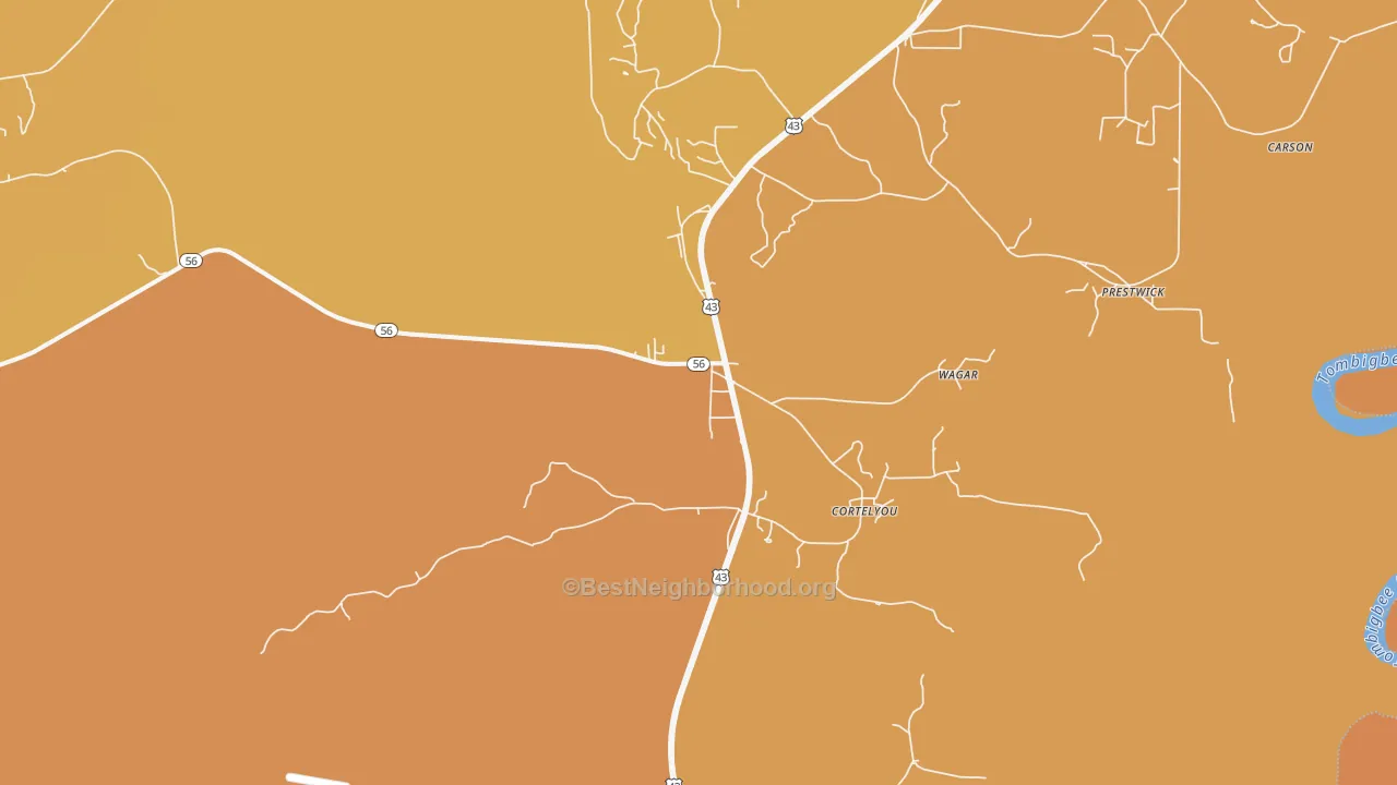 Map of the best neighborhoods in the Wagarville area, with better matches in green and worse matches in red