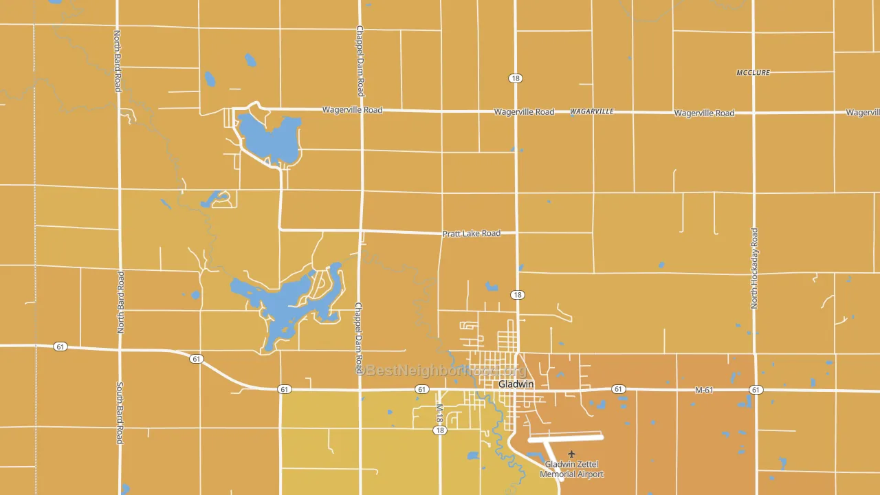 Map of the best neighborhoods in the Wagarville area, with better matches in green and worse matches in red