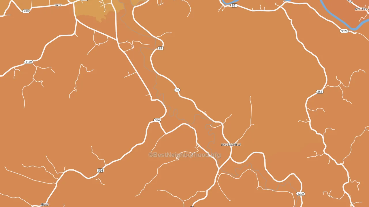 Map of the best neighborhoods in the Wagersville area, with better matches in green and worse matches in red