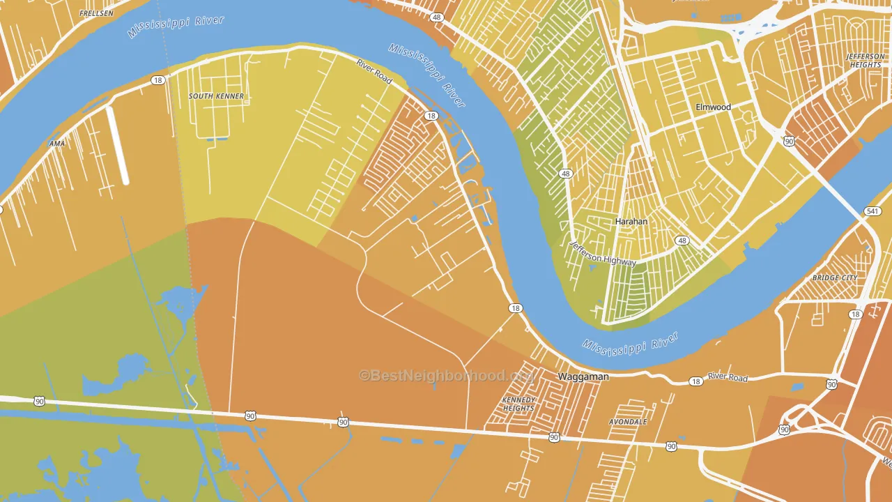 Map of the best neighborhoods in the Waggaman area, with better matches in green and worse matches in red