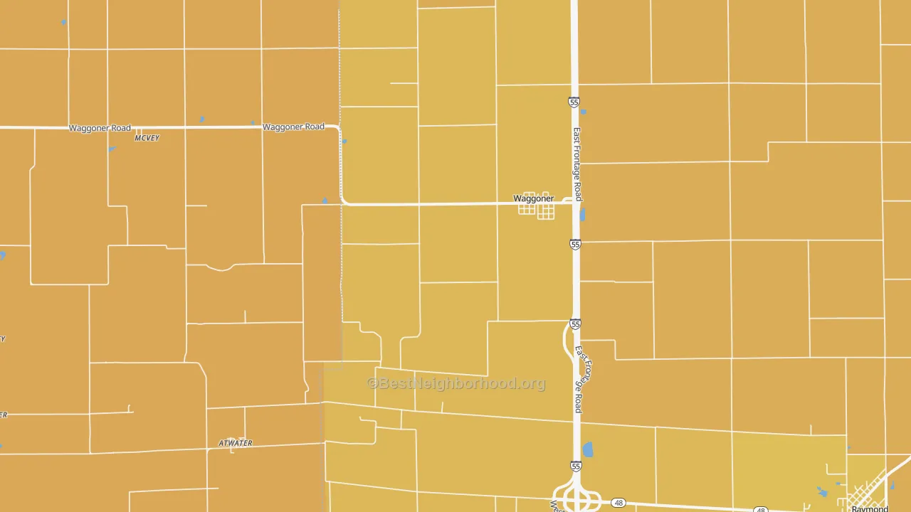 Map of the best neighborhoods in the Waggoner area, with better matches in green and worse matches in red