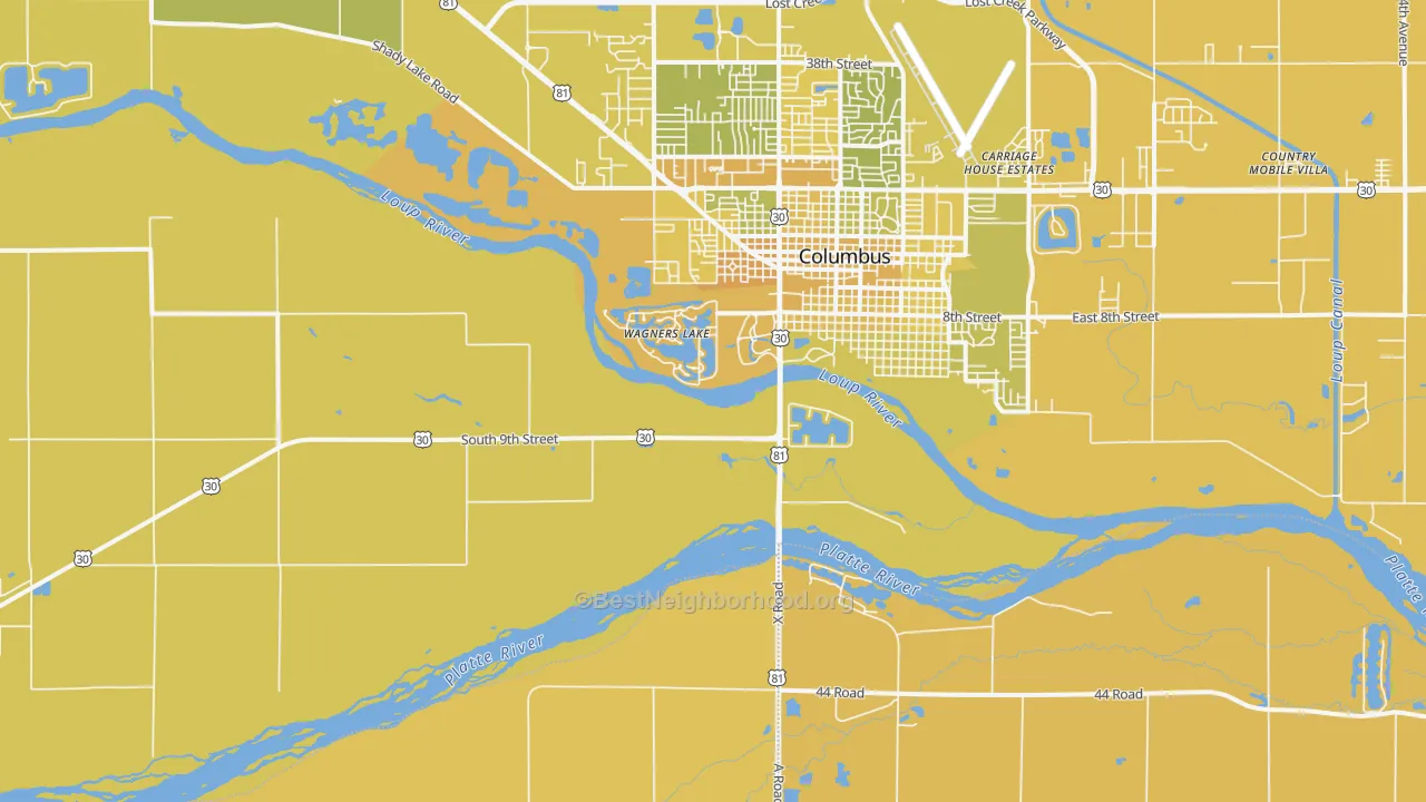 Map of the best neighborhoods in the Wagners Lake area, with better matches in green and worse matches in red