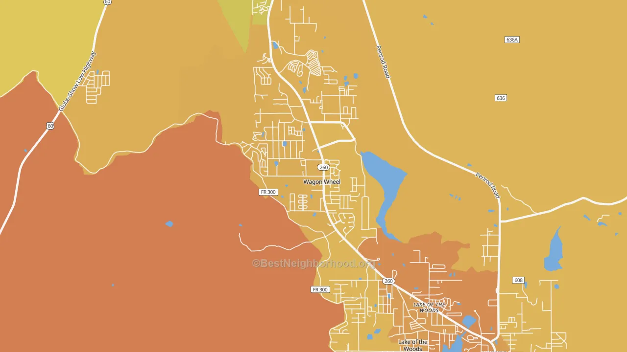 Map of the best neighborhoods in the Wagon Wheel area, with better matches in green and worse matches in red