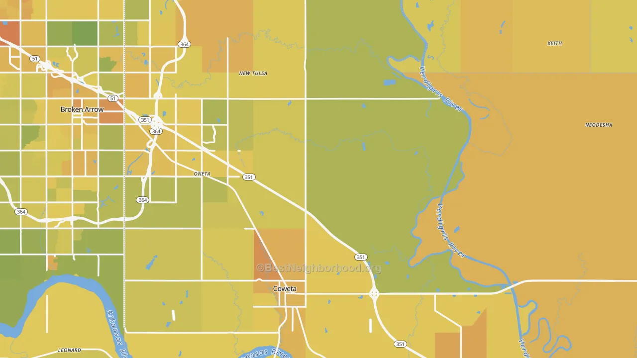 Map of the best neighborhoods in the Wagoner County area, with better matches in green and worse matches in red