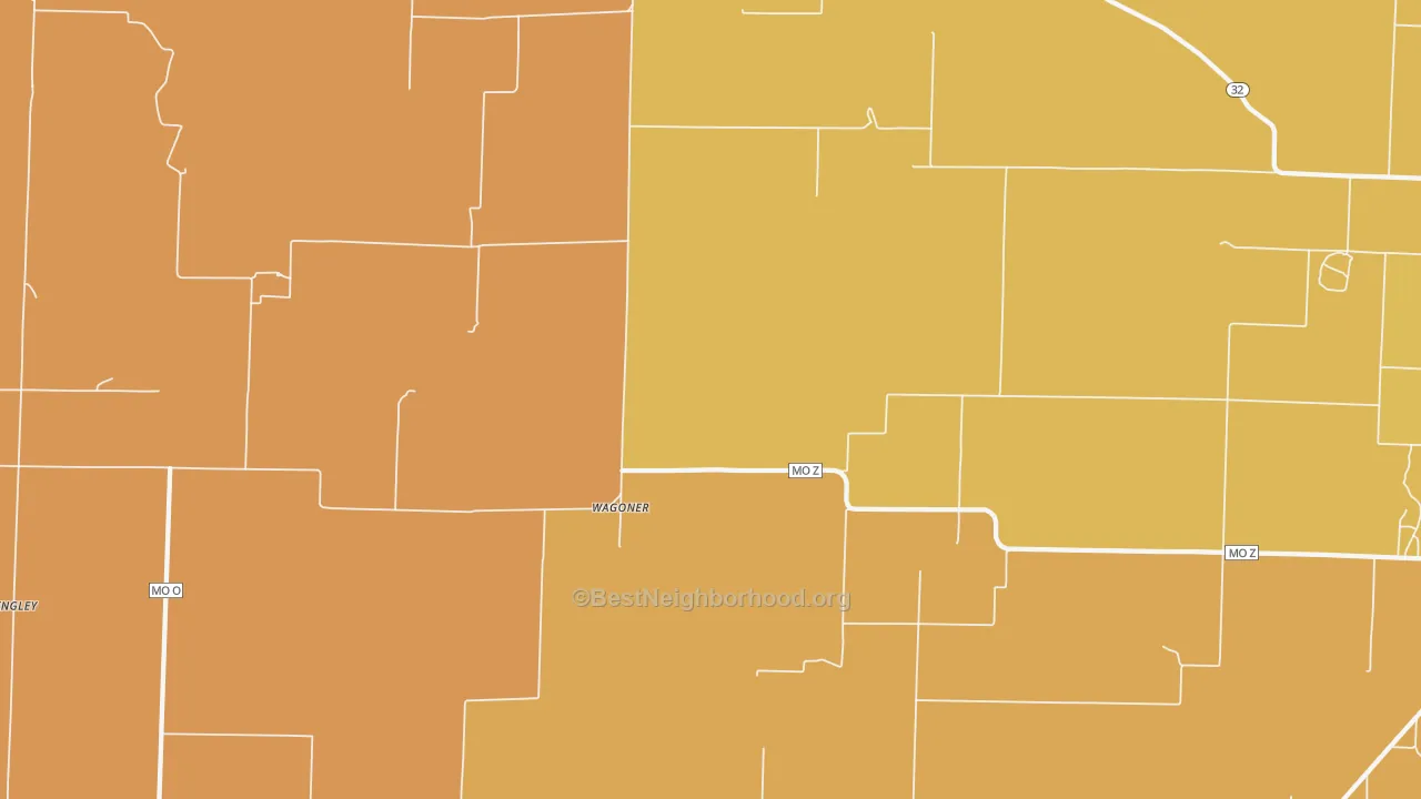 Map of the best neighborhoods in the Wagoner area, with better matches in green and worse matches in red