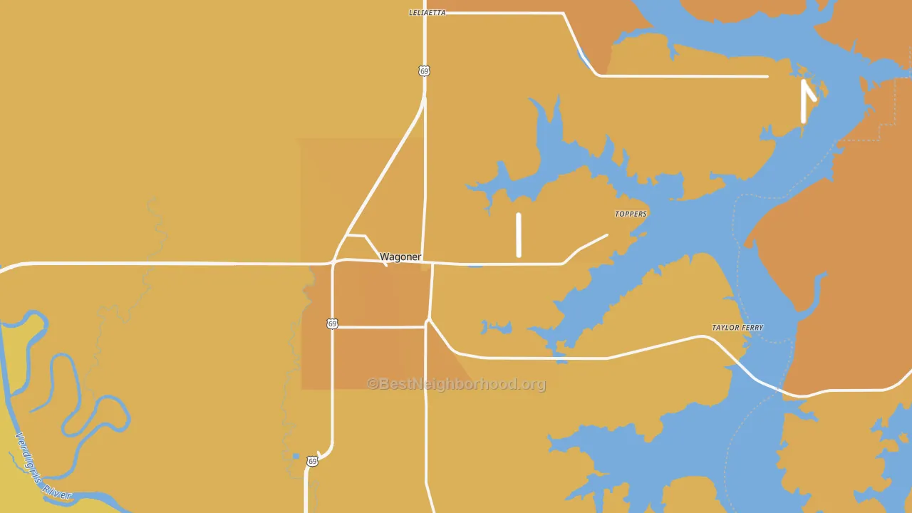 Map of the best neighborhoods in the Wagoner area, with better matches in green and worse matches in red