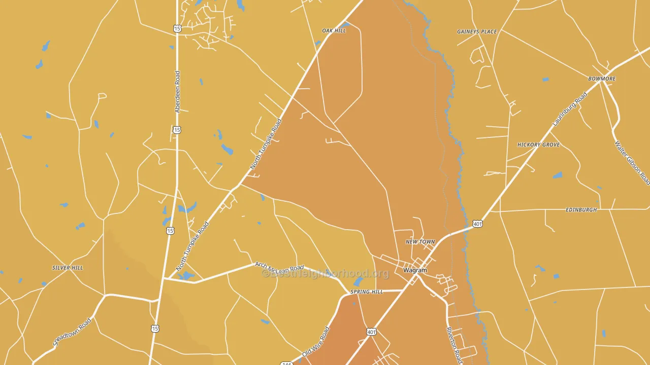 Map of the best neighborhoods in the Wagram area, with better matches in green and worse matches in red