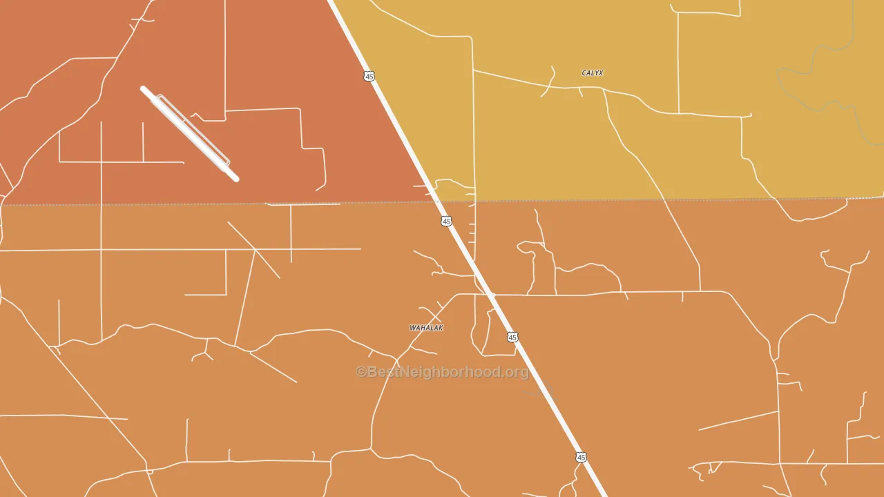 Map of the best neighborhoods in the Wahalak area, with better matches in green and worse matches in red