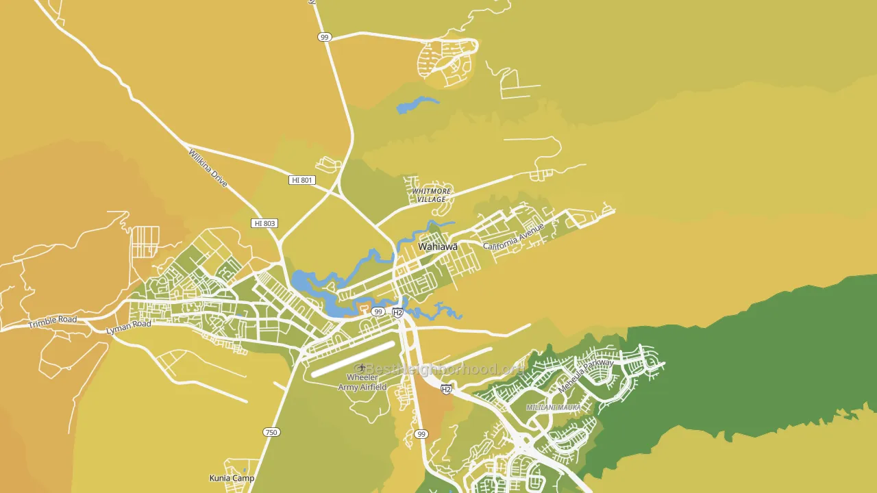 Map of the best neighborhoods in the Wahiawa area, with better matches in green and worse matches in red