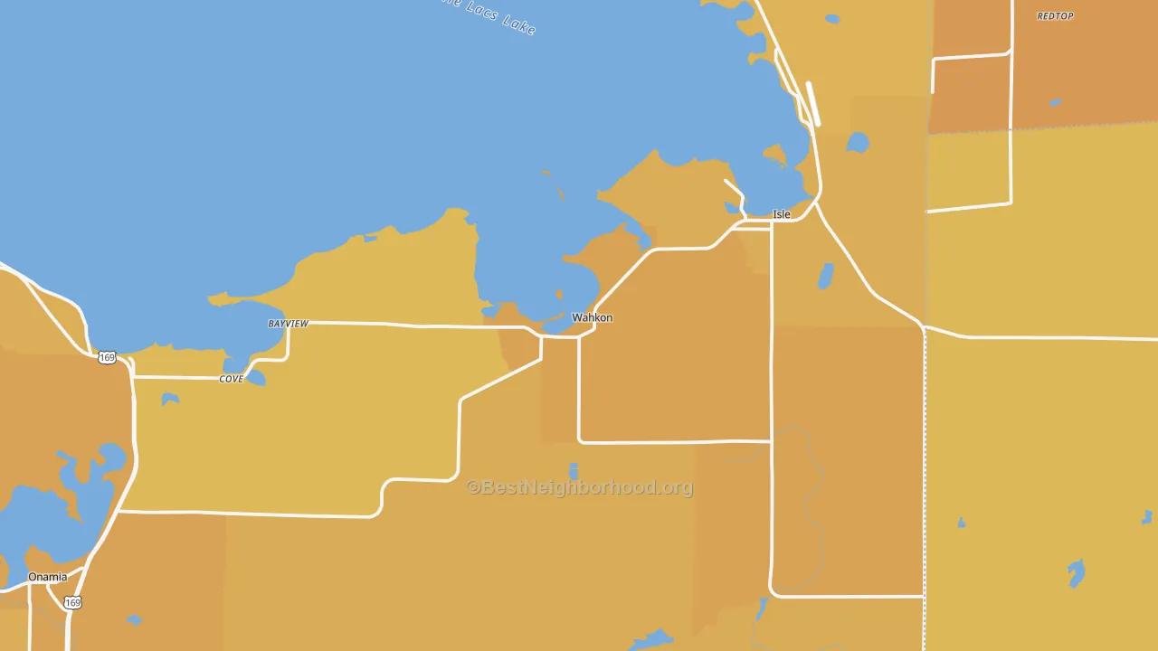 Map of the best neighborhoods in the Wahkon area, with better matches in green and worse matches in red
