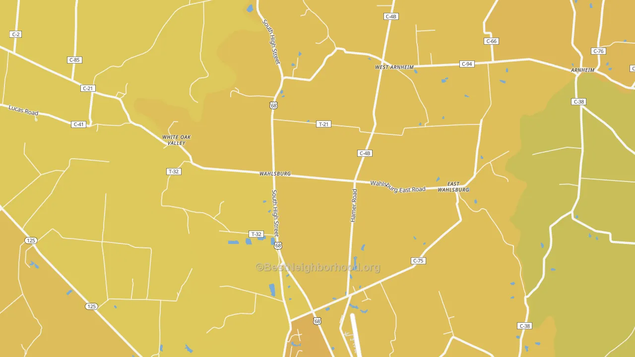 Map of the best neighborhoods in the Wahlsburg area, with better matches in green and worse matches in red
