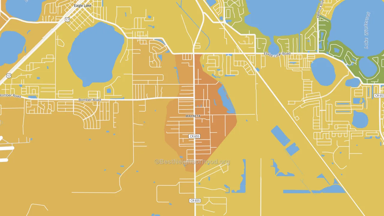 Map of the best neighborhoods in the Wahneta, Winter Haven area, with better matches in green and worse matches in red
