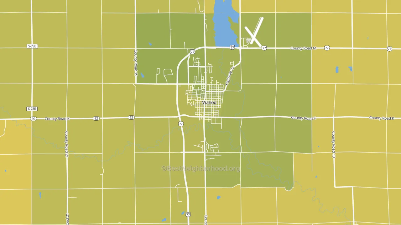 Map of the best neighborhoods in the Wahoo area, with better matches in green and worse matches in red
