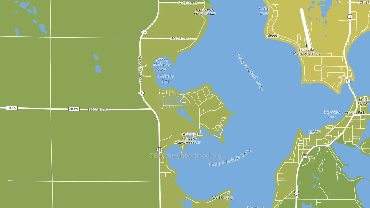 Map of the best neighborhoods in the Wahpeton area, with better matches in green and worse matches in red