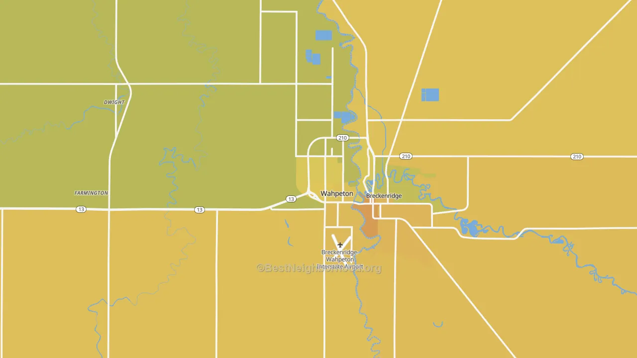 Map of the best neighborhoods in the Wahpeton area, with better matches in green and worse matches in red