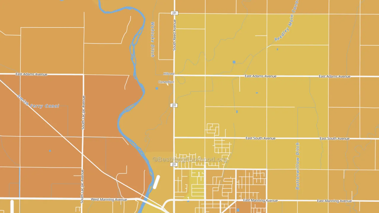 Map of the best neighborhoods in the Wahtoke area, with better matches in green and worse matches in red