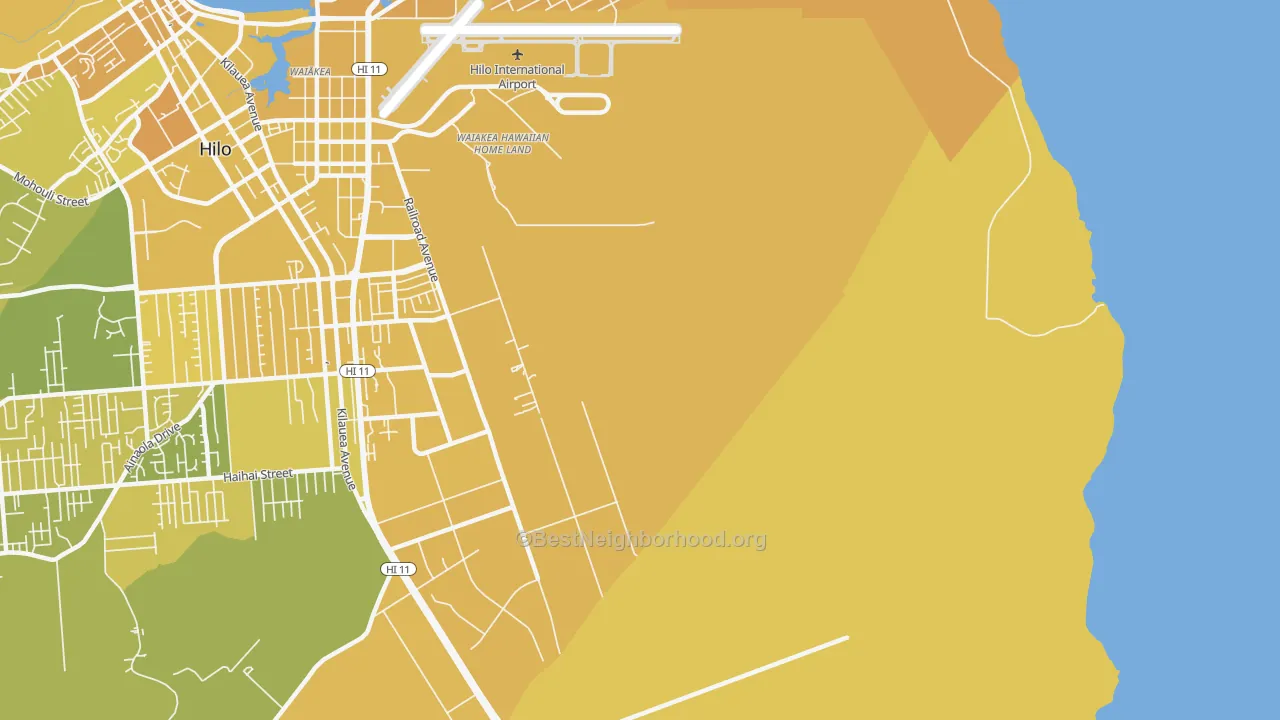 Map of the best neighborhoods in the Waiakea area, with better matches in green and worse matches in red