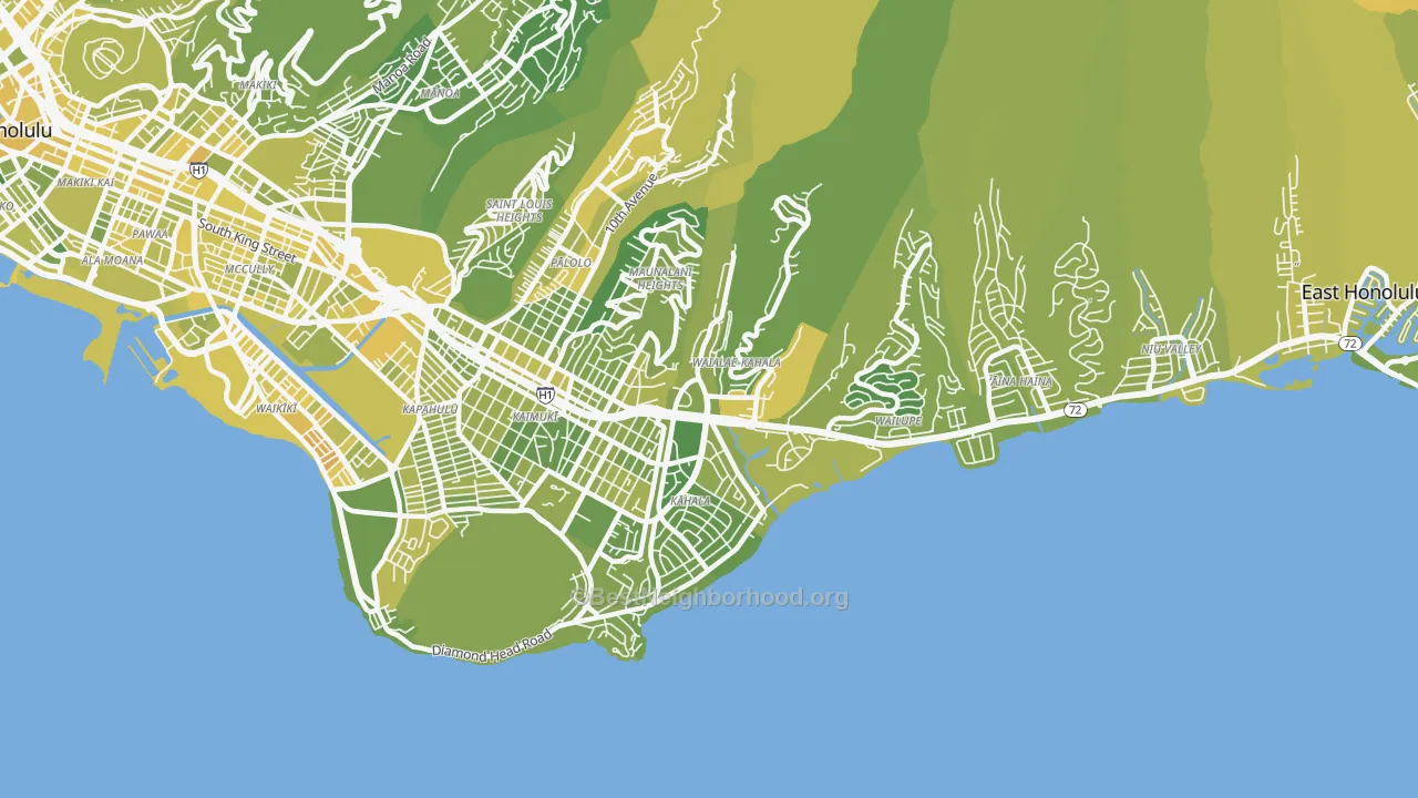 Map of the best neighborhoods in the Waialae-Kahala, Honolulu area, with better matches in green and worse matches in red