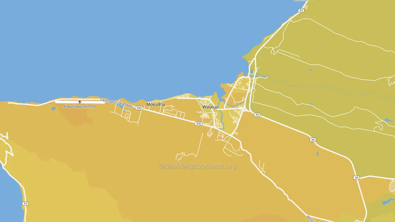 Map of the best neighborhoods in the Waialua area, with better matches in green and worse matches in red