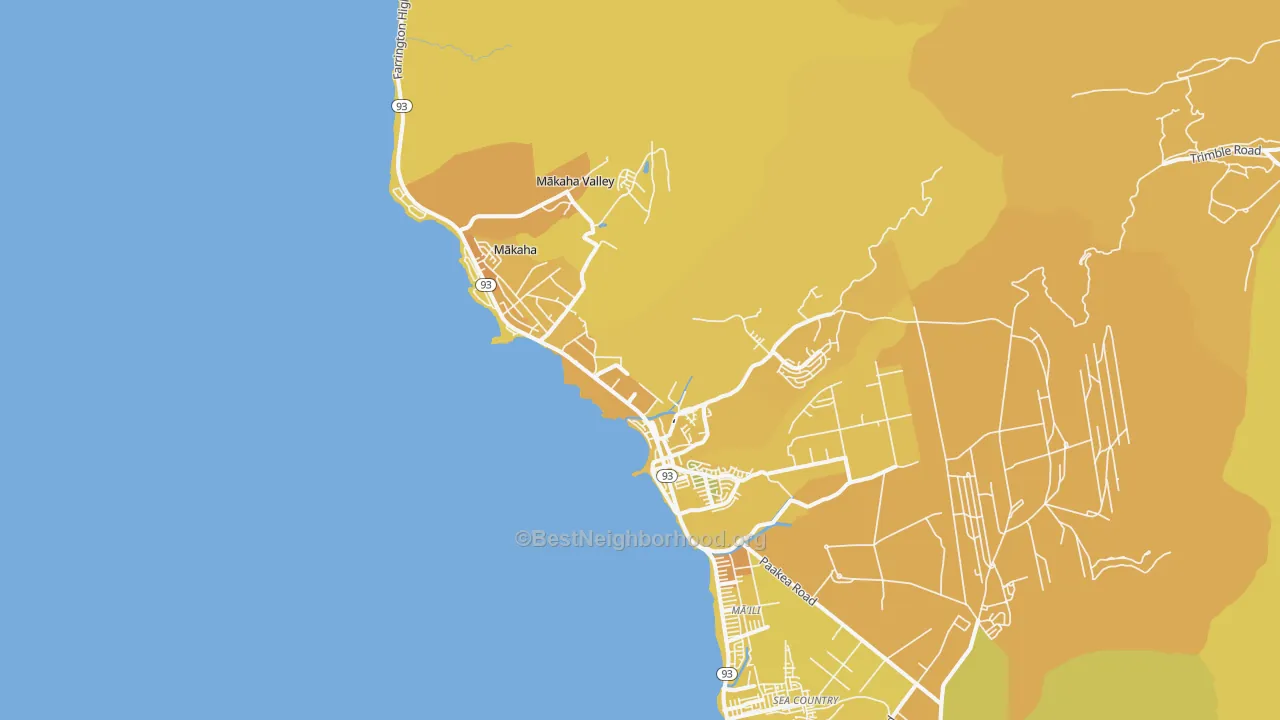 Map of the best neighborhoods in the Waianae area, with better matches in green and worse matches in red