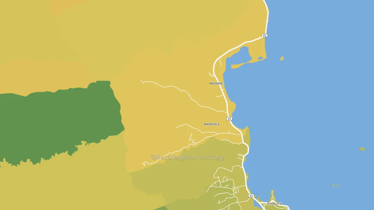 Map of the best neighborhoods in the Waikane area, with better matches in green and worse matches in red
