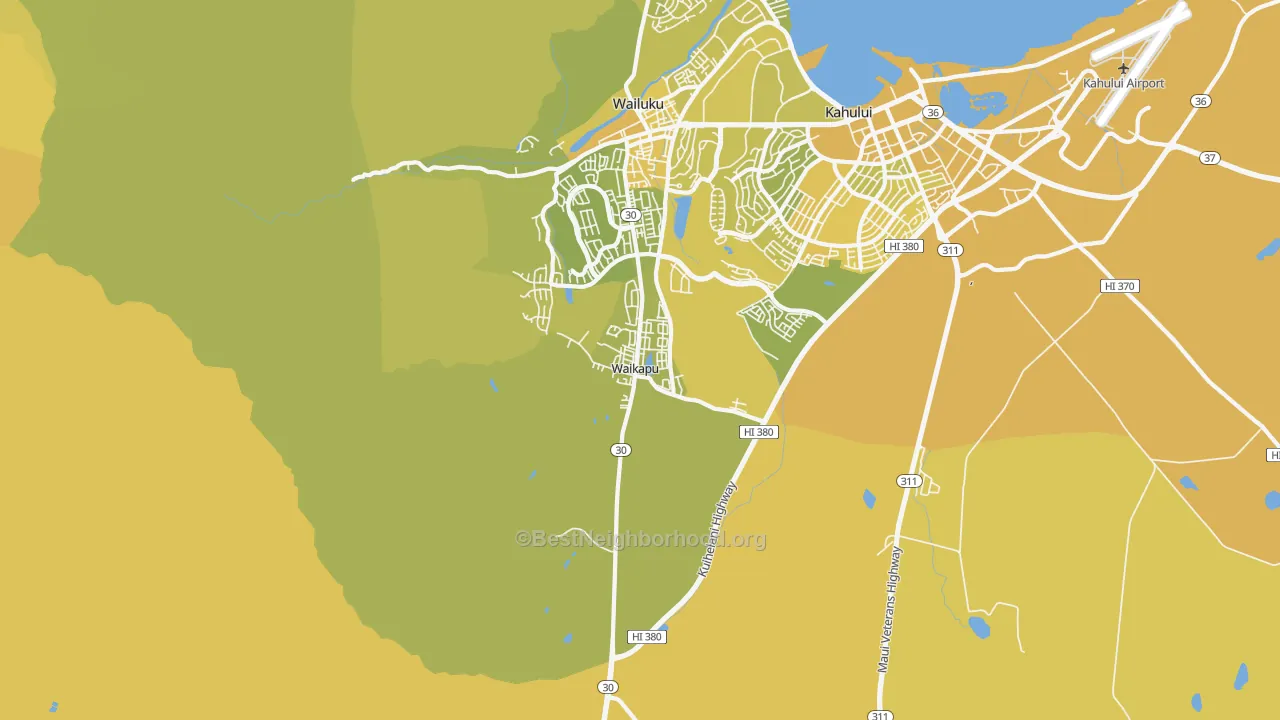 Map of the best neighborhoods in the Waikapu area, with better matches in green and worse matches in red