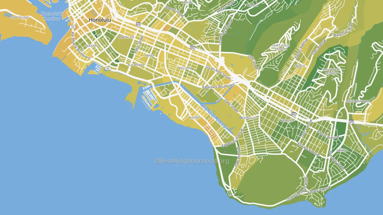 Map of the best neighborhoods in the Waikiki, Honolulu area, with better matches in green and worse matches in red