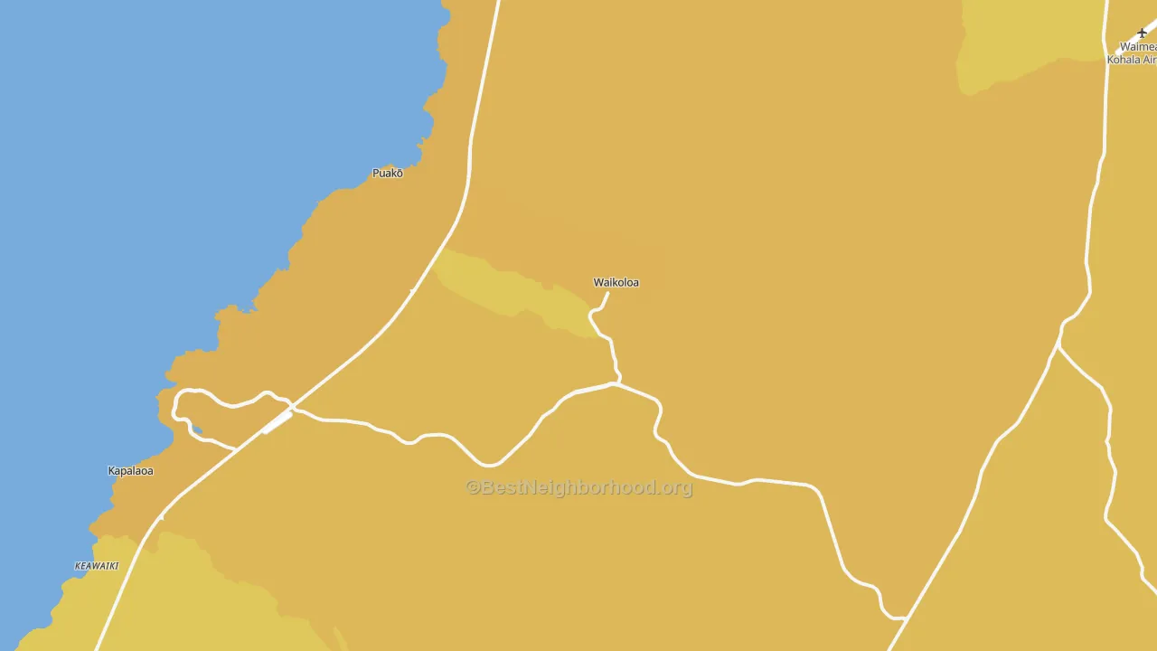 Map of the best neighborhoods in the Waikoloa area, with better matches in green and worse matches in red