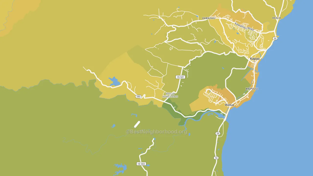 Map of the best neighborhoods in the Wailua, Kapaa area, with better matches in green and worse matches in red