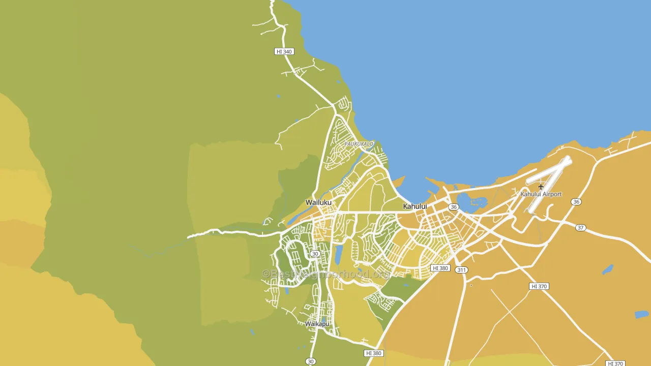 Map of the best neighborhoods in the Wailuku area, with better matches in green and worse matches in red