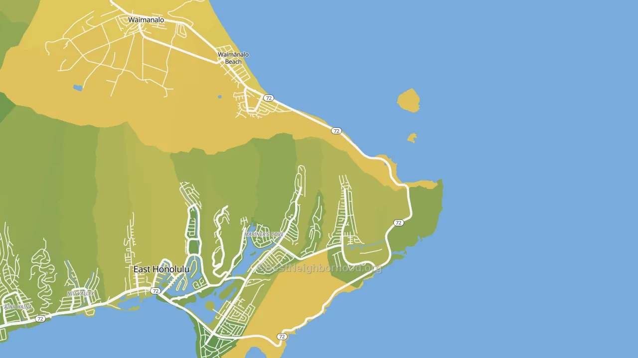 Map of the best neighborhoods in the Waimanalo Beach area, with better matches in green and worse matches in red