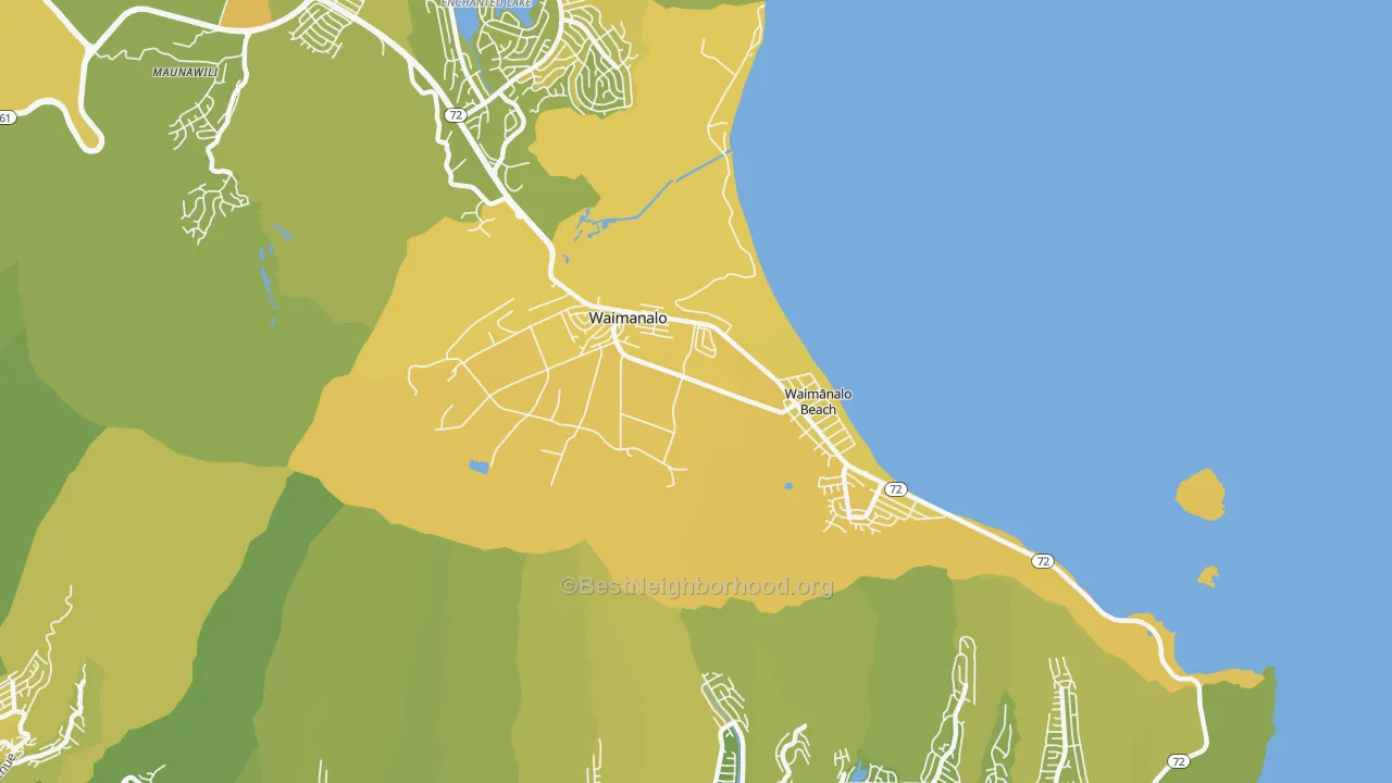 Map of the best neighborhoods in the Waimanalo area, with better matches in green and worse matches in red