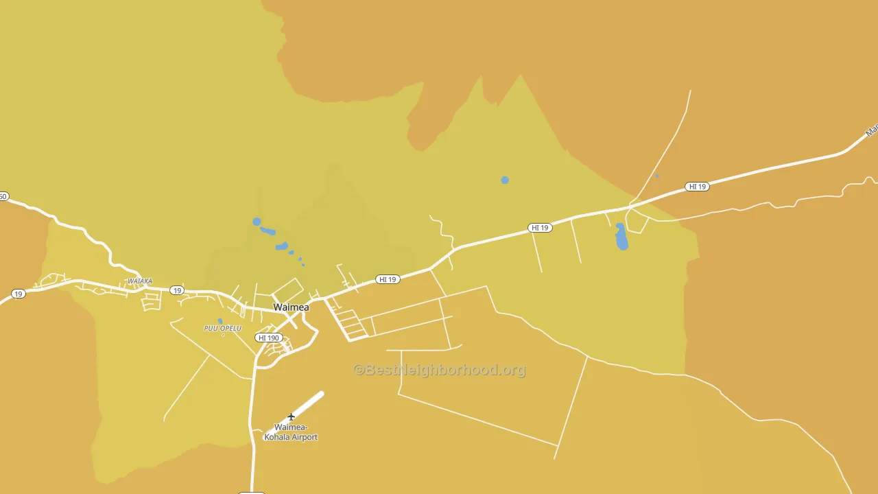 Map of the best neighborhoods in the Waimea area, with better matches in green and worse matches in red
