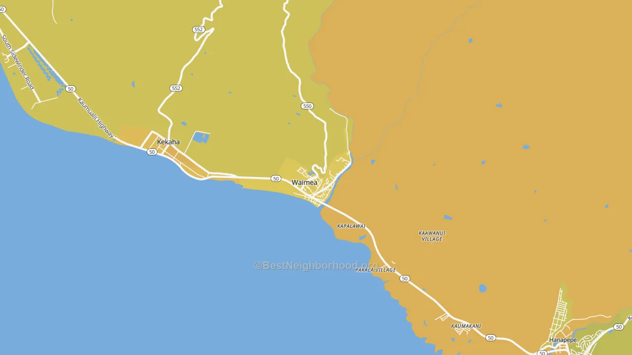 Map of the best neighborhoods in the Waimea Kauai area, with better matches in green and worse matches in red