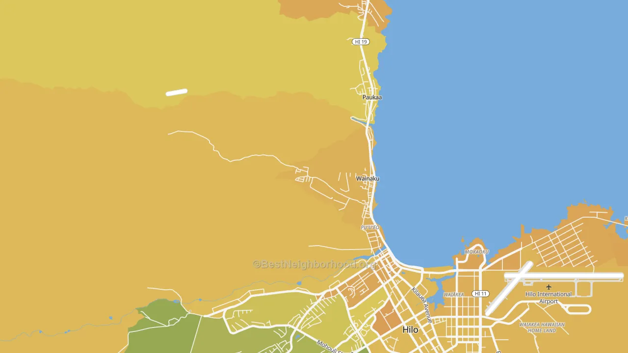 Map of the best neighborhoods in the Wainaku area, with better matches in green and worse matches in red