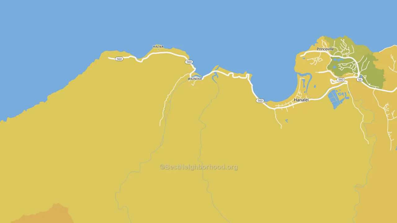 Map of the best neighborhoods in the Wainiha area, with better matches in green and worse matches in red
