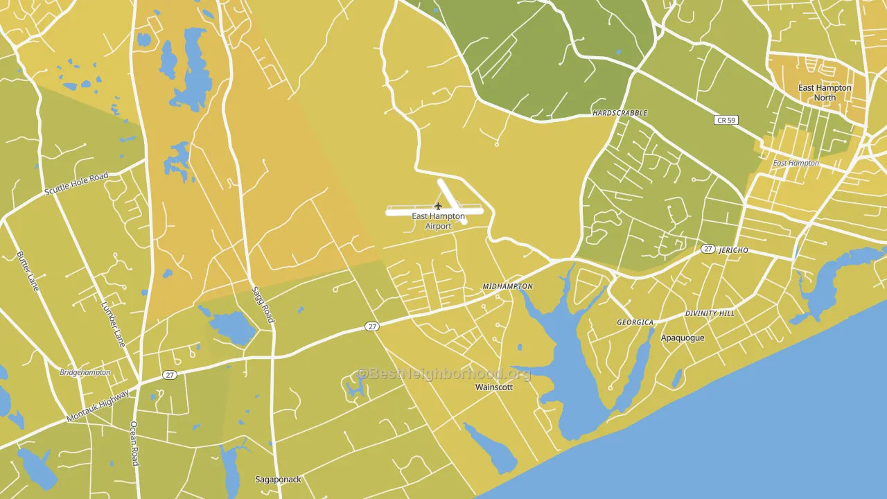 Map of the best neighborhoods in the Wainscott area, with better matches in green and worse matches in red
