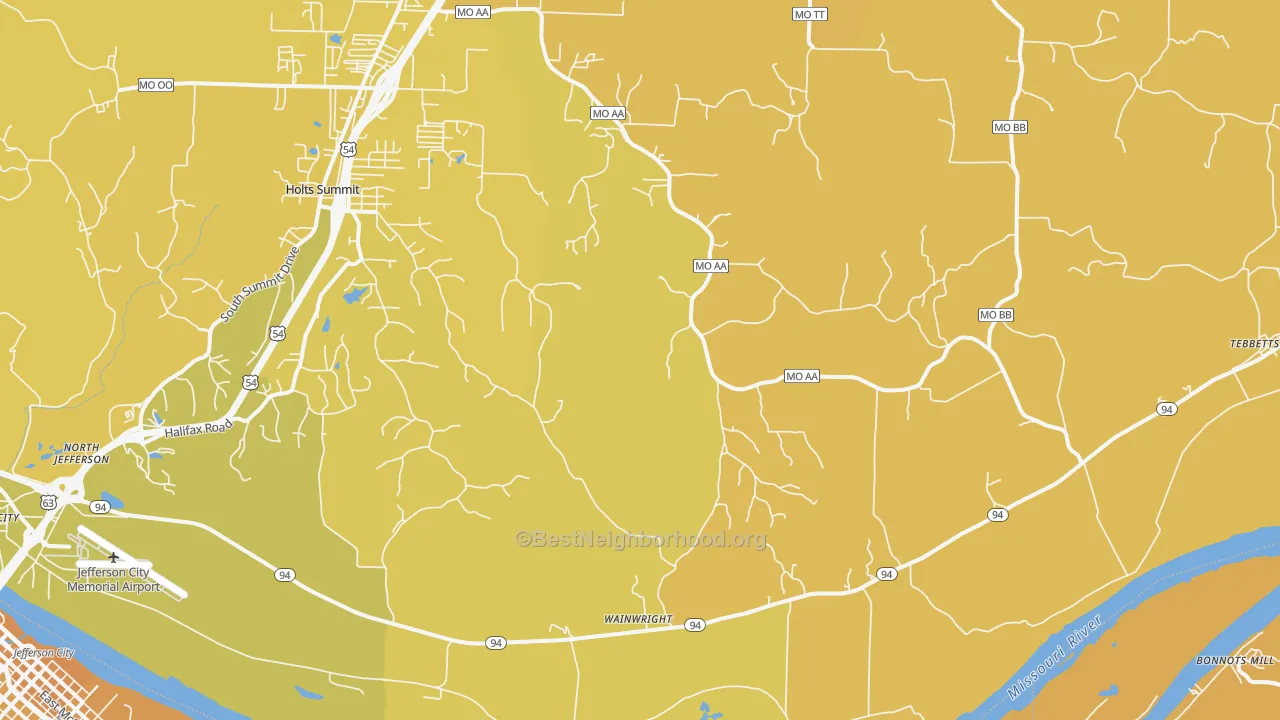 Map of the best neighborhoods in the Wainwright area, with better matches in green and worse matches in red