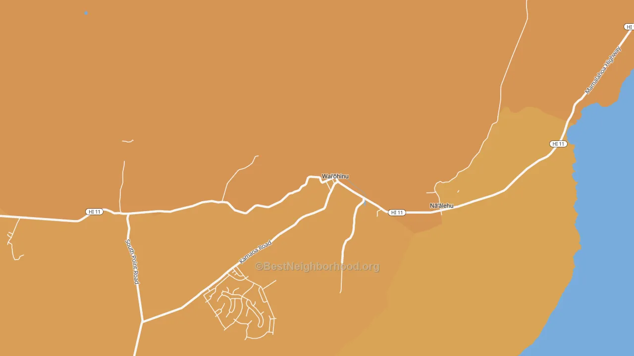 Map of the best neighborhoods in the Waiohinu area, with better matches in green and worse matches in red