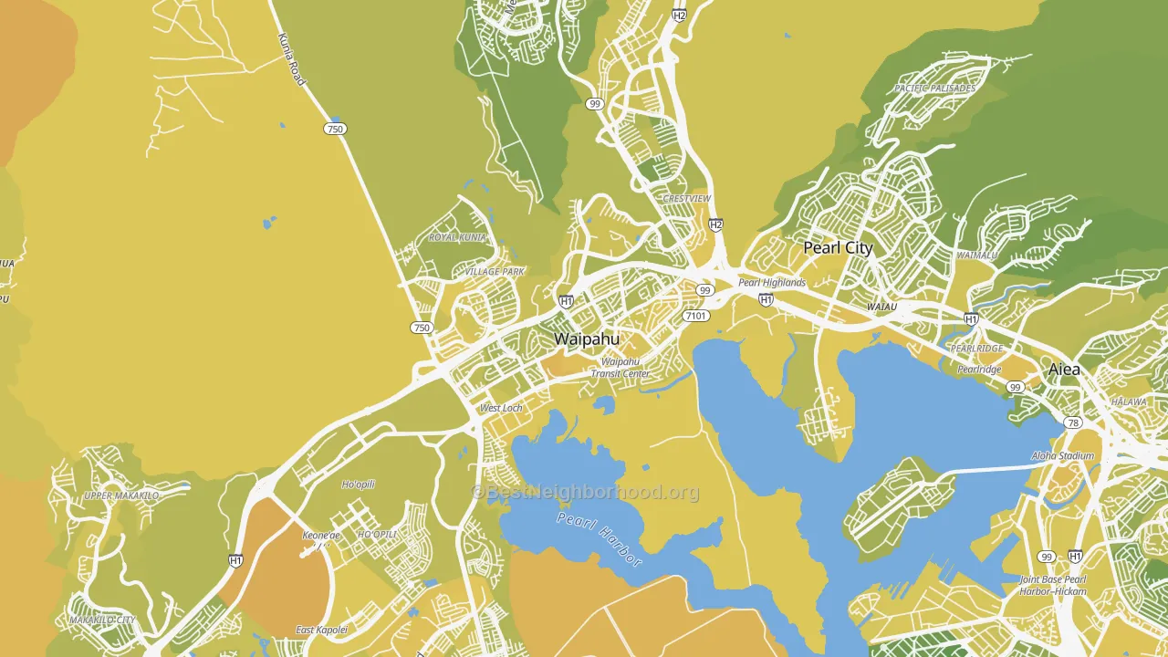 Map of the best neighborhoods in the Waipahu area, with better matches in green and worse matches in red
