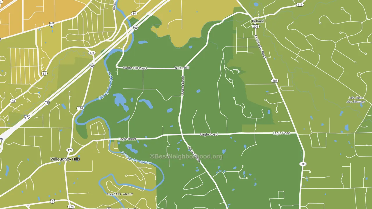 Map of the best neighborhoods in the Waite Hill area, with better matches in green and worse matches in red