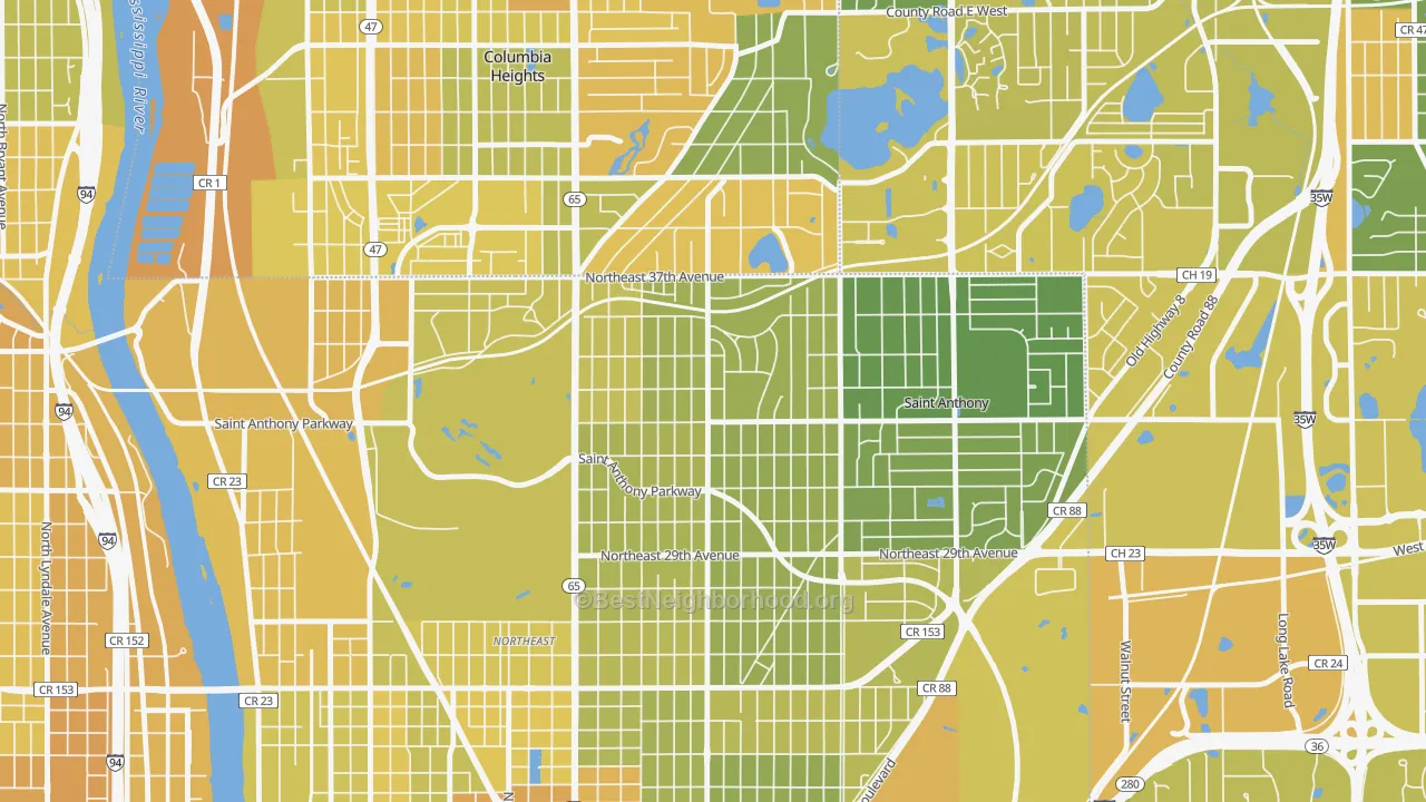 Map of the best neighborhoods in the Waite Park, Minneapolis area, with better matches in green and worse matches in red