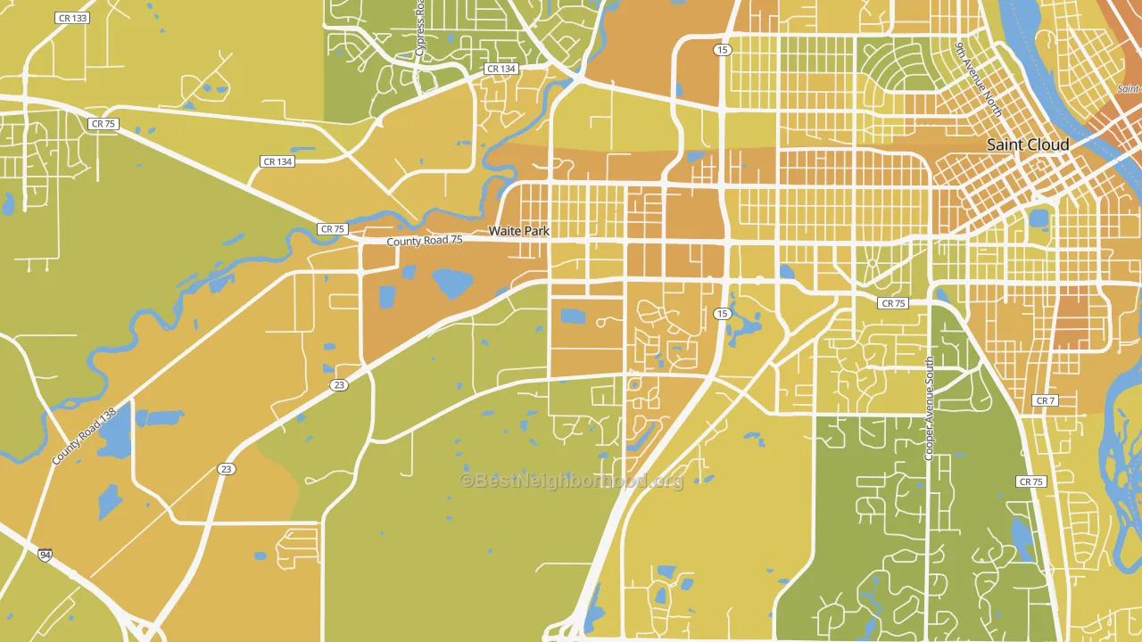 Map of the best neighborhoods in the Waite Park area, with better matches in green and worse matches in red