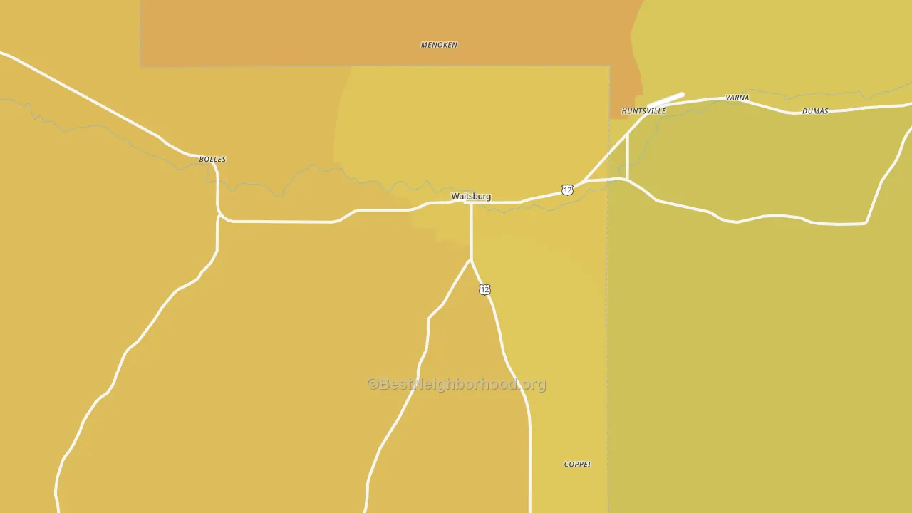 Map of the best neighborhoods in the Waitsburg area, with better matches in green and worse matches in red