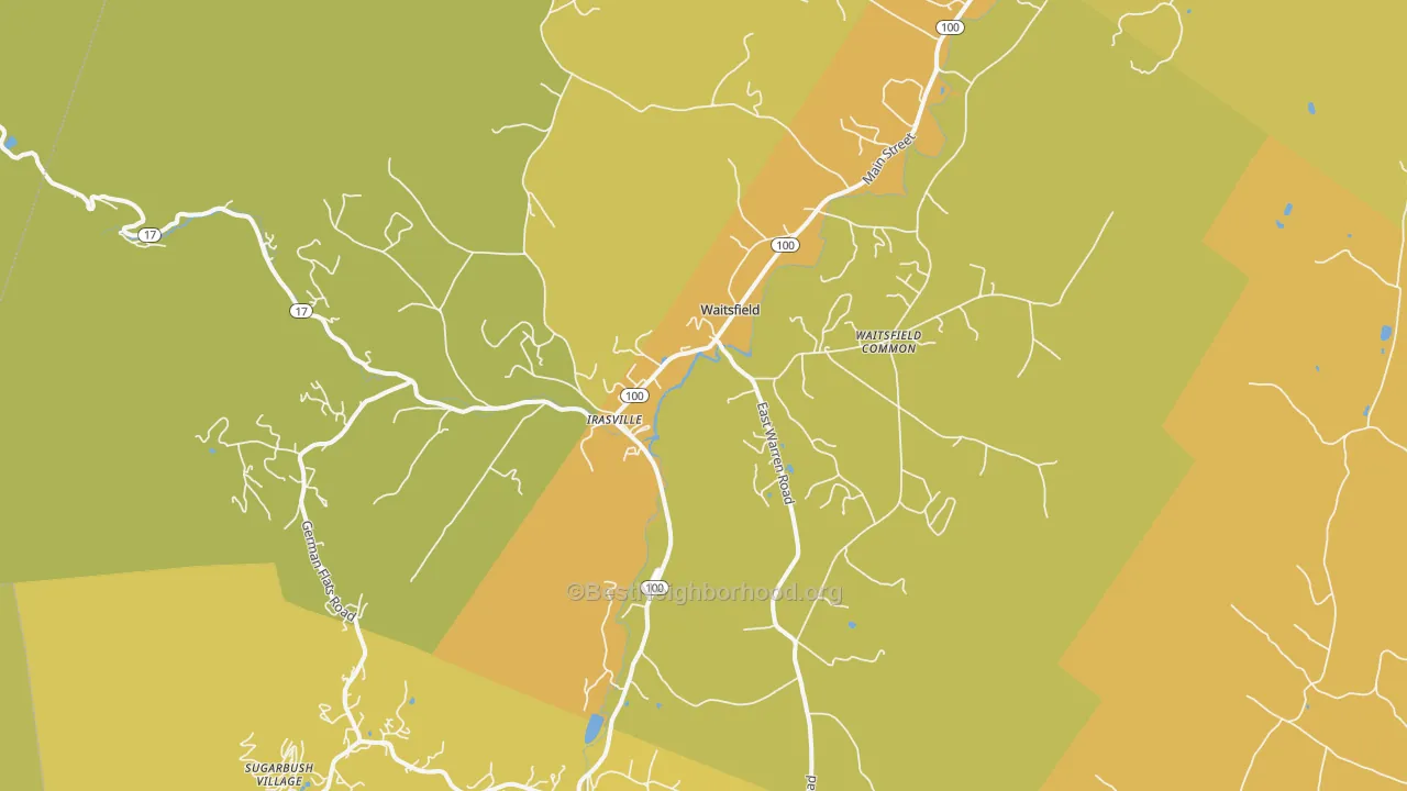 Map of the best neighborhoods in the Waitsfield area, with better matches in green and worse matches in red