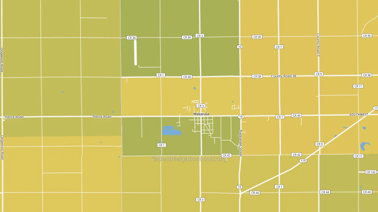 Map of the best neighborhoods in the Wakarusa area, with better matches in green and worse matches in red
