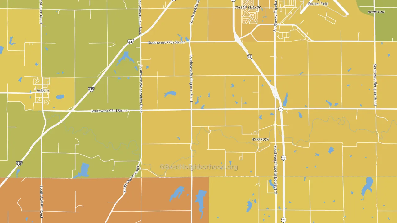 Map of the best neighborhoods in the Wakarusa area, with better matches in green and worse matches in red