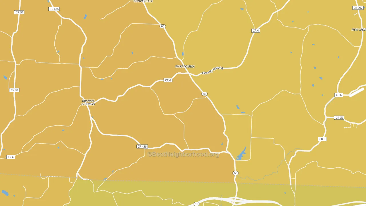 Map of the best neighborhoods in the Wakatomika area, with better matches in green and worse matches in red
