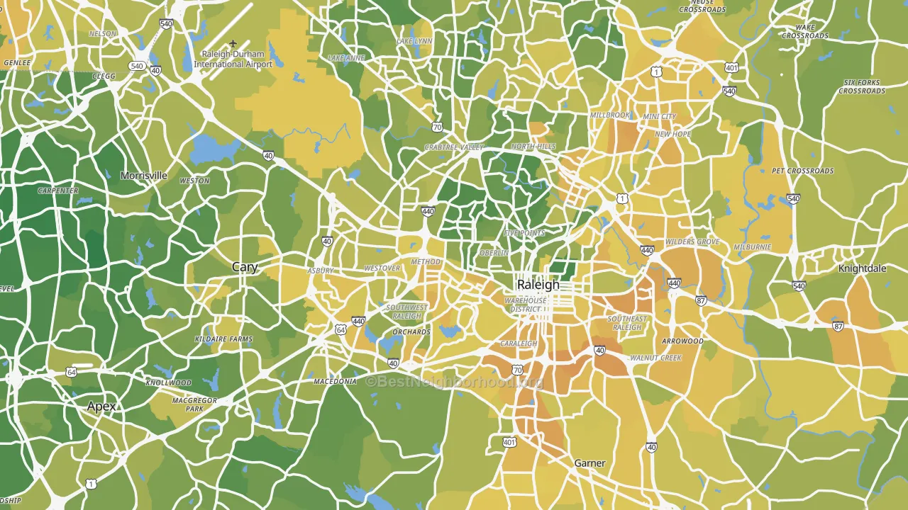 Map of the best neighborhoods in the Wake County area, with better matches in green and worse matches in red